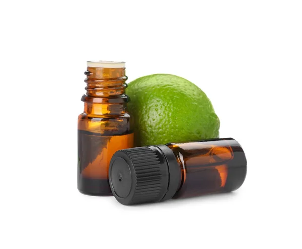Bottles Citrus Essential Oil Fresh Lime Isolated White — Stockfoto
