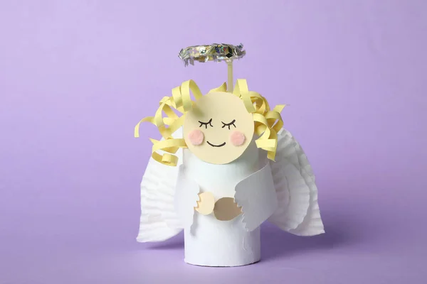 Toy Angel Made Toilet Paper Hub Lilac Background — Stock Photo, Image
