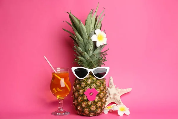 Funny Pineapple Cocktail Plumeria Flowers Starfish Pink Background Creative Concept — Photo