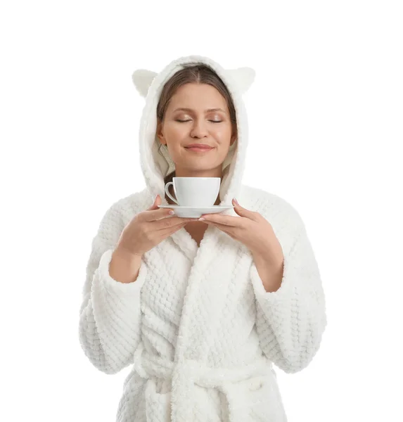 Young Woman Bathrobe Cup Beverage White Background — Stock Photo, Image