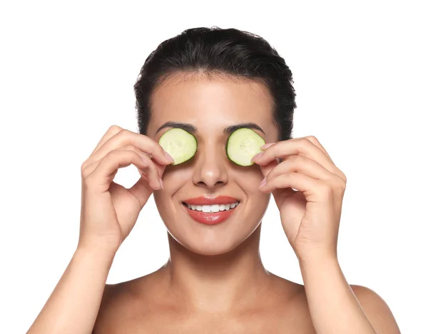 Woman Covering Eyes Cucumber Slices White Background Skin Care — Stockfoto