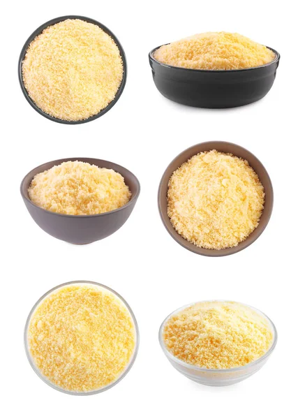 Set Delicious Parmesan Cheese White Background — Stockfoto