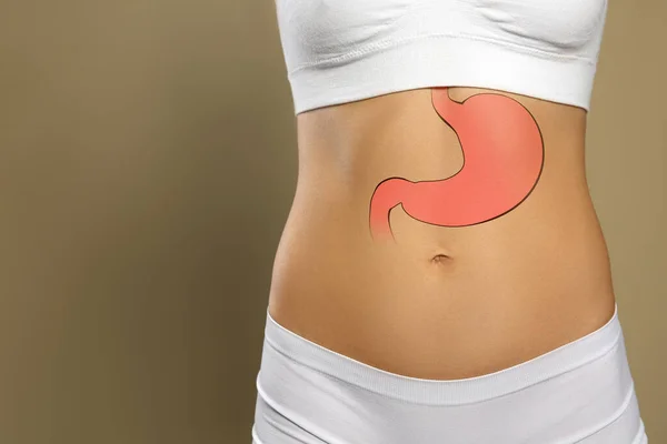 Woman Image Healthy Stomach Beige Background Closeup Space Text — Stock Photo, Image