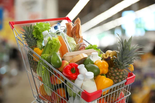 Shopping Cart Different Groceries Supermarket — 스톡 사진