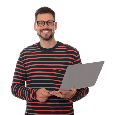 Smiling man with laptop on white background
