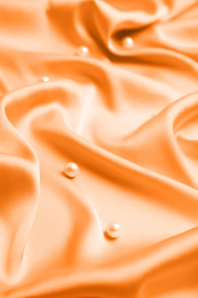 Many Beautiful Pearls Delicate Orange Silk —  Fotos de Stock