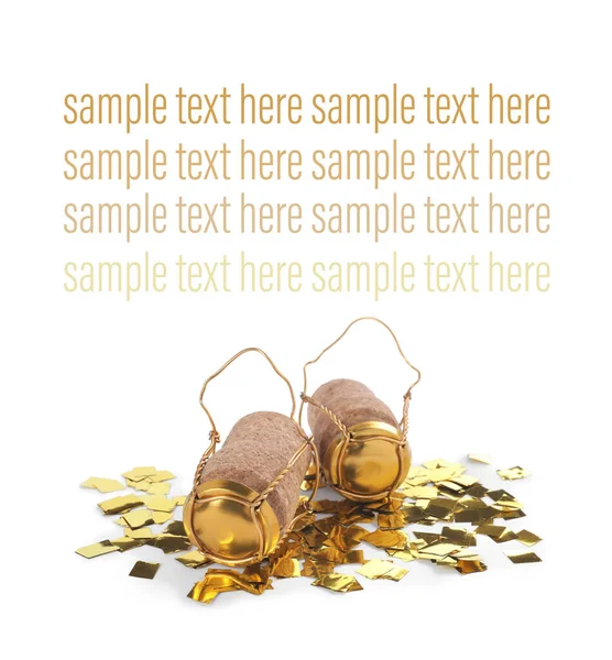 Sparkling Wine Corks Muselet Caps Shiny Golden Confetti White Background — Fotografia de Stock