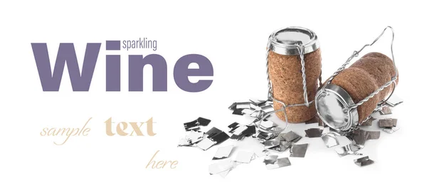 Sparkling Wine Corks Muselet Caps Shiny Silver Confetti White Background — Stock Fotó
