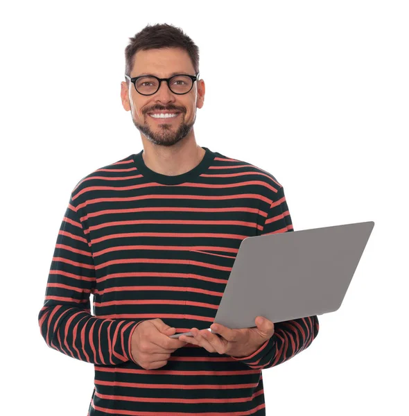 Χαμογελώντας Άνθρωπος Φορητό Υπολογιστή Λευκό Φόντο — Φωτογραφία Αρχείου