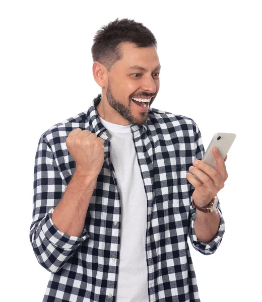 Emotional Man Looking Smartphone White Background — Stock Fotó