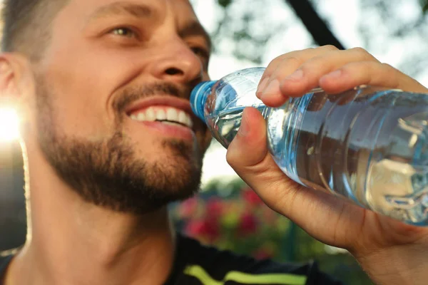 Happy Man Drinking Water Outdoors Hot Summer Day Closeup Refreshing — Stock Photo, Image