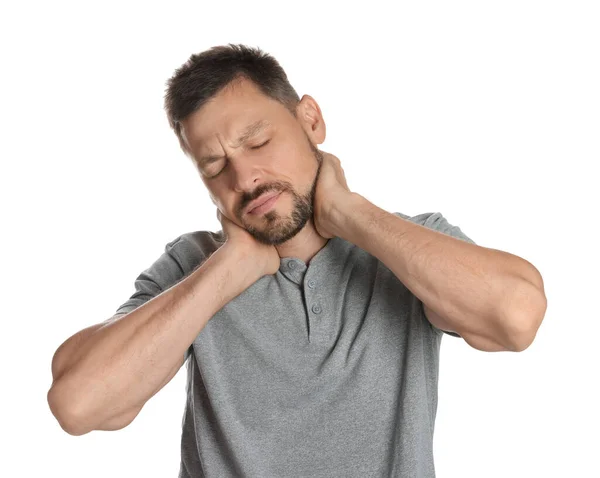Člověk Trpící Bolesti Krku Bílém Pozadí — Stock fotografie