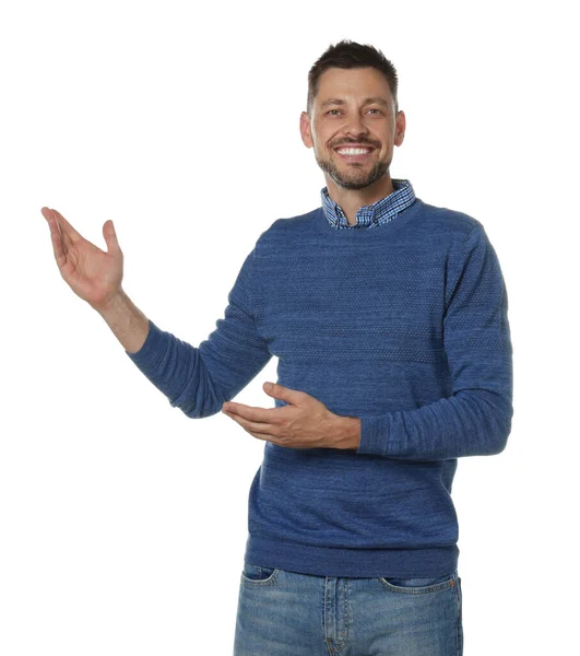 Handsome Man Gesturing White Background Weather Forecast Reporter — Stock Photo, Image