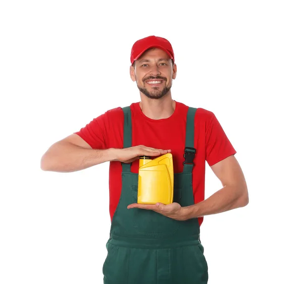 Man Showing Yellow Container Motor Oil White Background — Zdjęcie stockowe