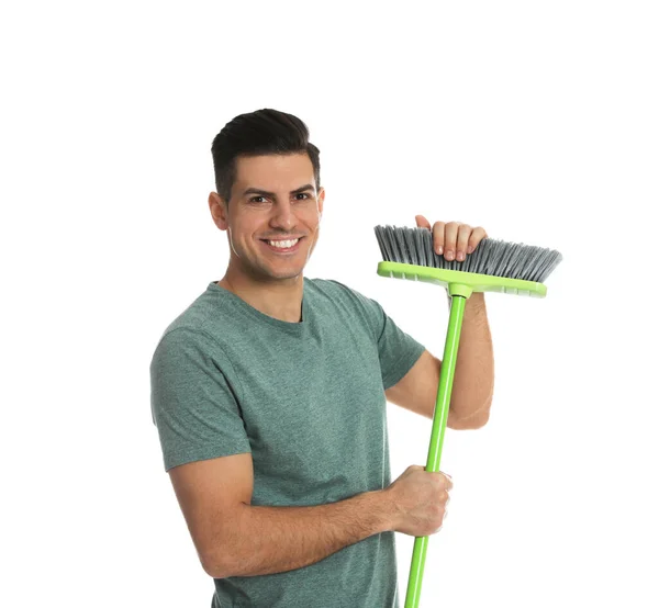 Man Green Broom White Background — Stock Photo, Image