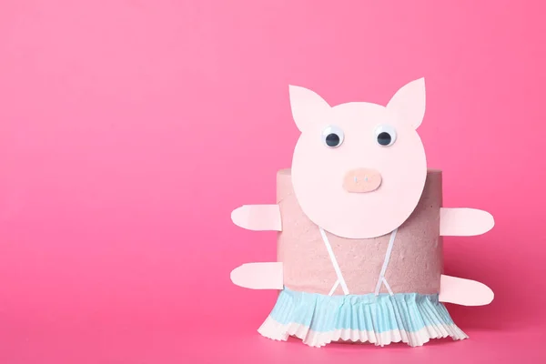Toy Pig Made Toilet Paper Roll Pink Background Space Text — 스톡 사진