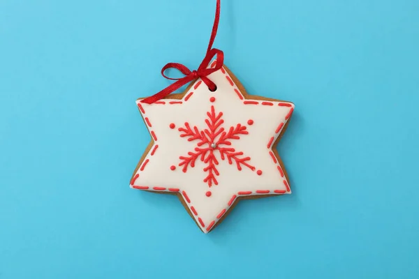 Snowflake Shaped Christmas Cookie Light Blue Background Top View — Stock fotografie