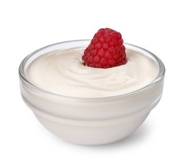 Bowl of delicious yogurt with raspberry isolated on white