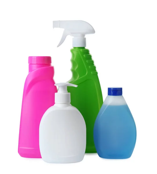 Bottles Different Detergents White Background Cleaning Supplies — Stock fotografie