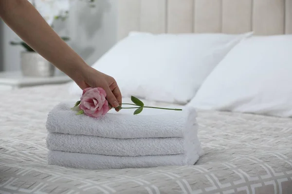 Woman Putting Eustoma Flower Folded Towels Bedroom Closeup — Stock fotografie