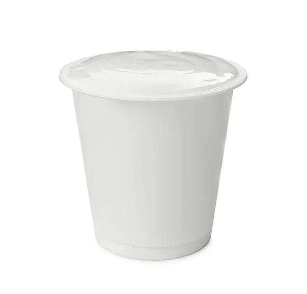 Delicious Organic Yogurt Plastic Cup Isolated White — Stockfoto