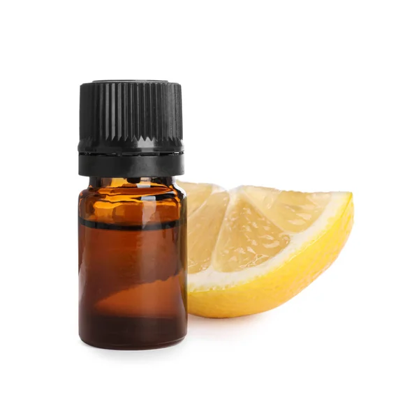 Bottle Citrus Essential Oil Cut Fresh Lemon Isolated White — Fotografia de Stock