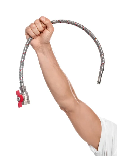 Male Plumber Holding Flexible Hose White Background Closeup — Stock Photo, Image