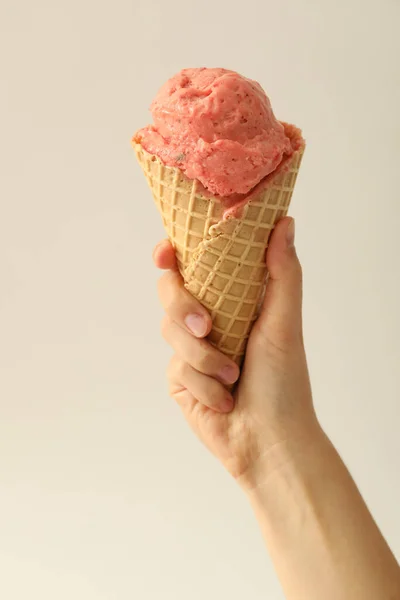 Woman Holding Waffle Cone Delicious Pink Ice Cream White Background — Stockfoto