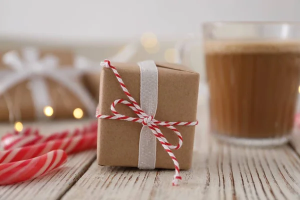 Christmas Gift Box Candy Canes White Wooden Table Closeup — Foto de Stock