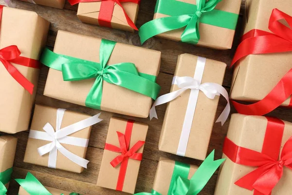 Christmas Gift Boxes Bows Wooden Background Flat Lay — Stock Photo, Image