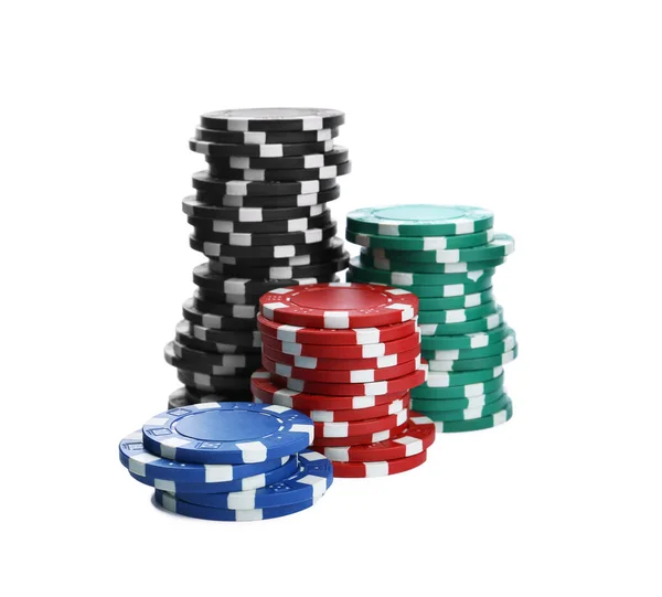 Plastic Casino Chips Stacked White Background Poker Game — Stock Photo, Image