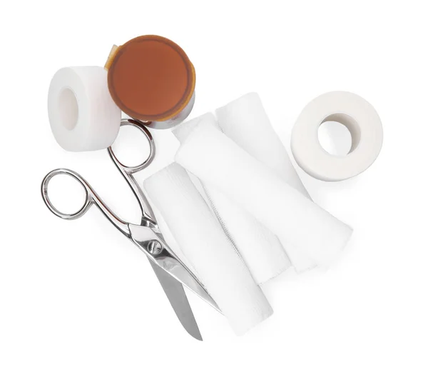 Medical Bandage Rolls Pills Sticking Plaster Scissors White Background Top — Stock Photo, Image