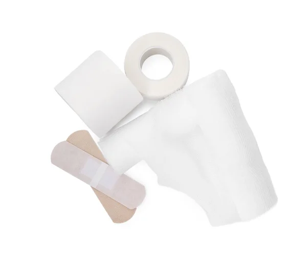 Bandage Rolls Medical Supplies White Background Top View — Stock Photo, Image