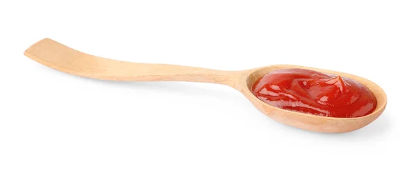 Ketchup Dans Une Cuillère Bois Isolé Sur Blanc — Photo