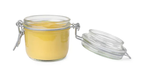 Spicy Mustard Glass Jar Isolated White — Stockfoto