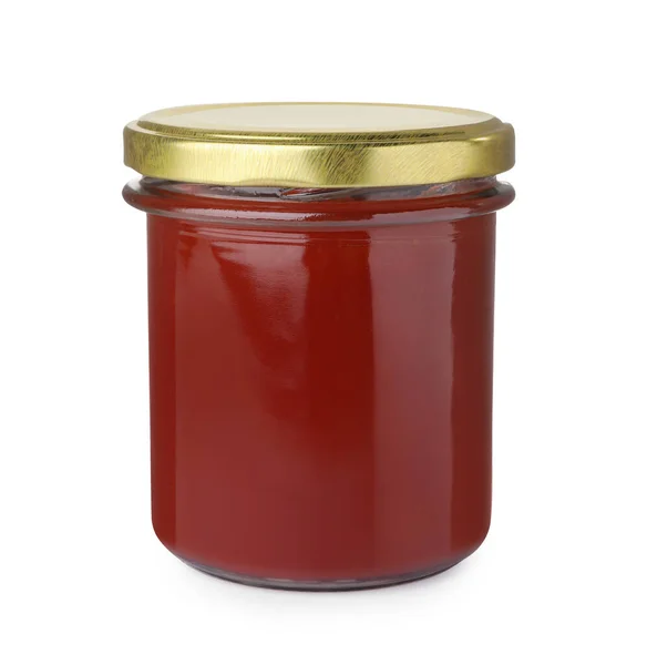 Glass Jar Delicious Ketchup Isolated White — Stockfoto