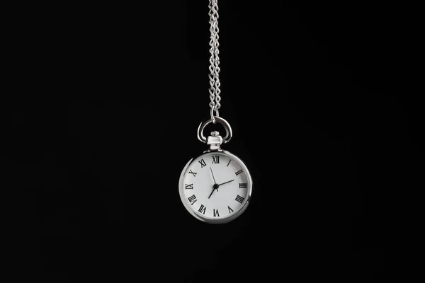Beautiful Vintage Pocket Watch Silver Chain Black Background Hypnosis Session — Stok fotoğraf
