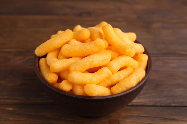 Bowl Crunchy Cheesy Corn Snack Wooden Table Closeup — 스톡 사진