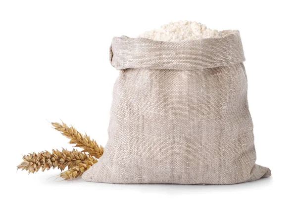 Bag Wheat Flour Spikelets White Background — Foto de Stock