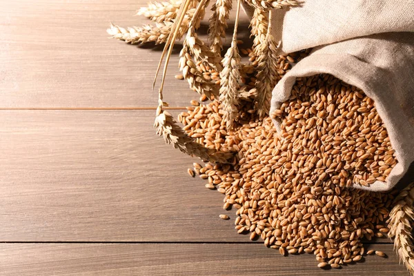 Wheat Grains Spikelets Wooden Table Space Text — Fotografia de Stock