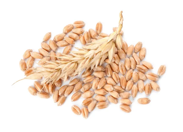 Pile Wheat Grains Spike White Background Top View — Fotografia de Stock