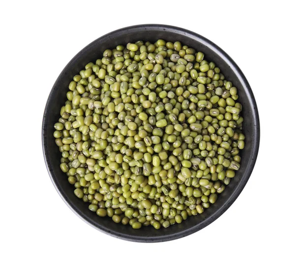 Bowl Green Mung Beans Isolated White Top View Organic Grains — Stockfoto