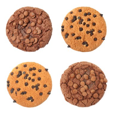 Set with delicious chocolate chip cookies on white background, top view