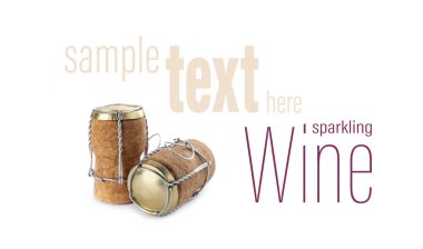 Sparkling wine corks with muselet caps on white background. Space for design