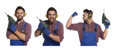 Collage with photos of young worker in uniform with power drill on white background. Banner design