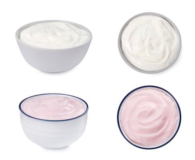 Set with delicious organic yogurts on white background