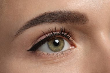 Young woman with permanent makeup of eyes and brows, closeup