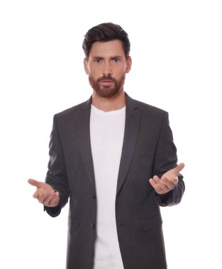 Handsome man gesturing on white background. Weather forecast reporter