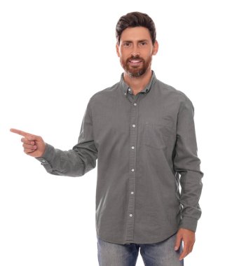Handsome man gesturing on white background. Weather forecast reporter