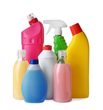 Bottles with different detergents on white background. Cleaning supplies